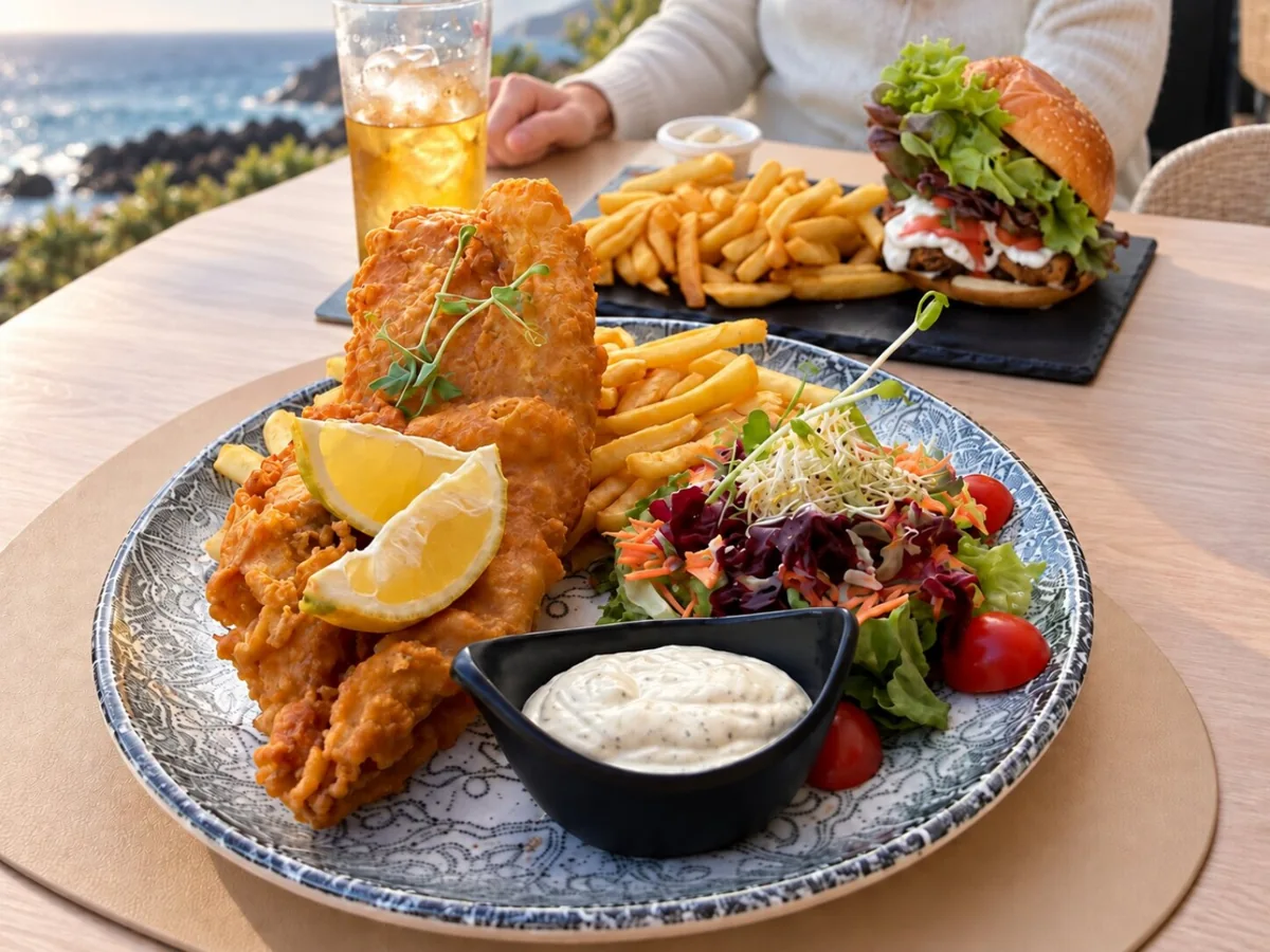 Fish and chips con limón, ensalada y salsa junto al mar