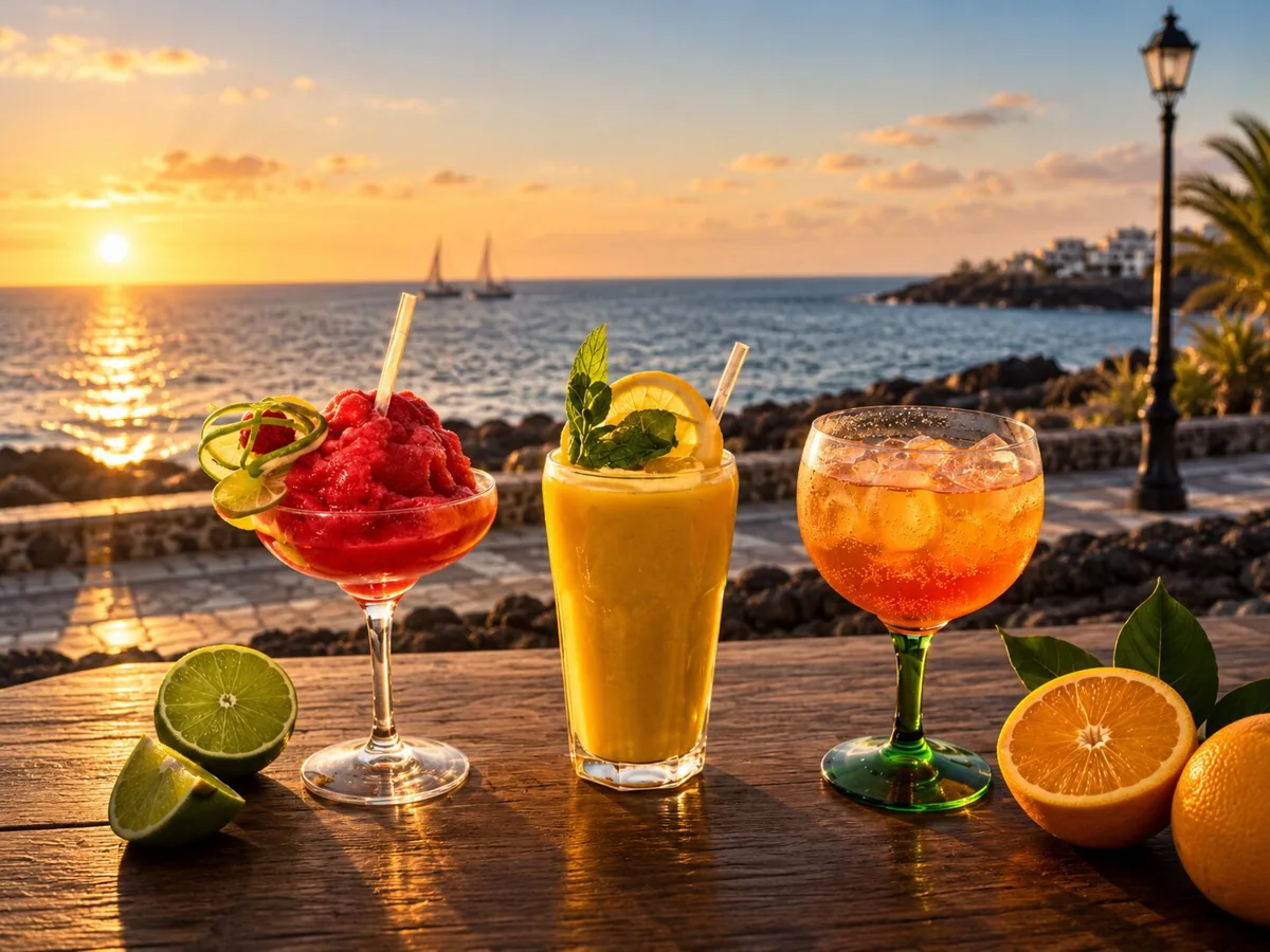 Smoothie de frutas y cócteles frente al mar al atardecer